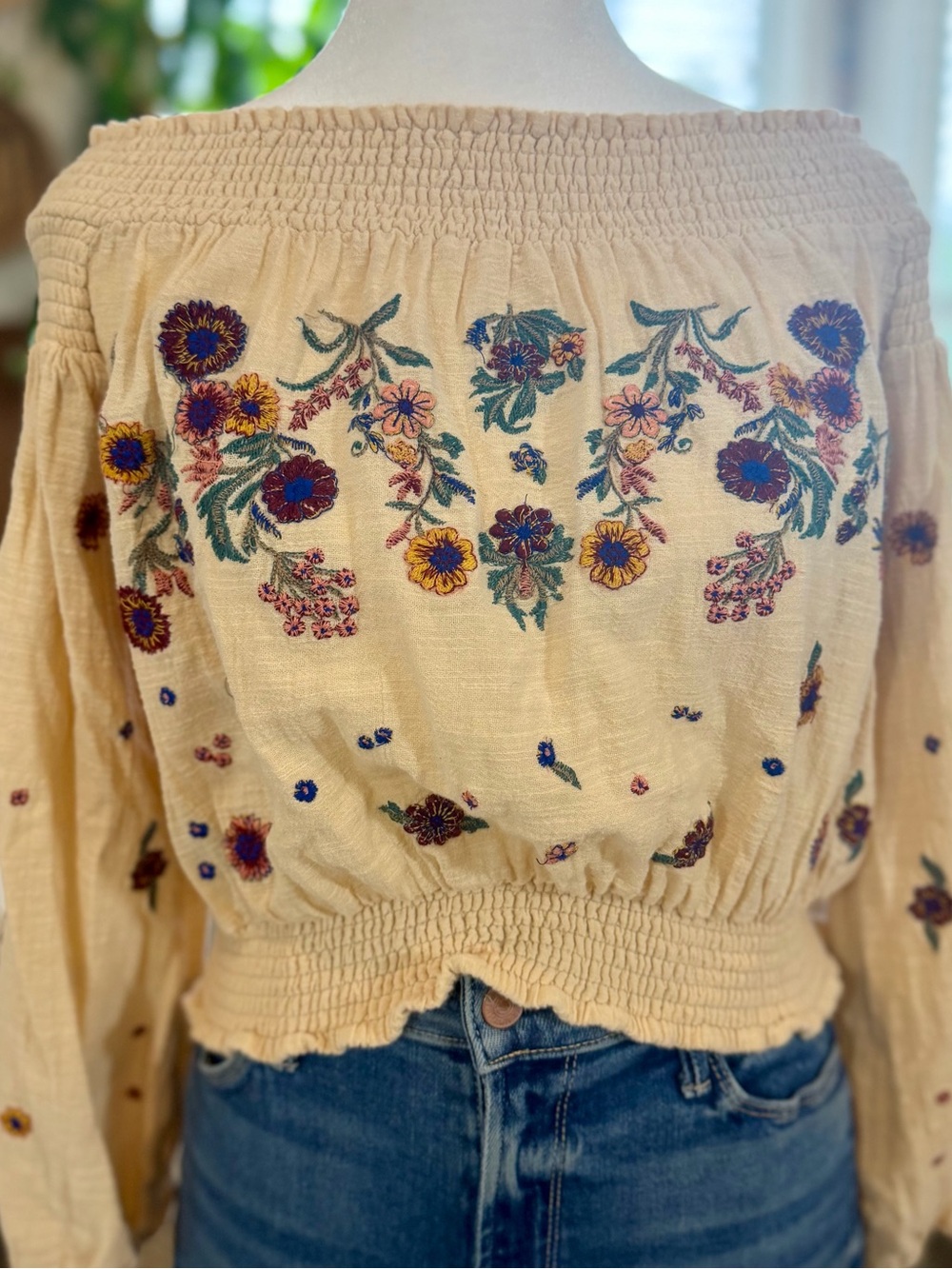Free People Le Petite Top S Ivory Floral Embroidered Boho Peasant Off Shoulder - Picture 2 of 10
